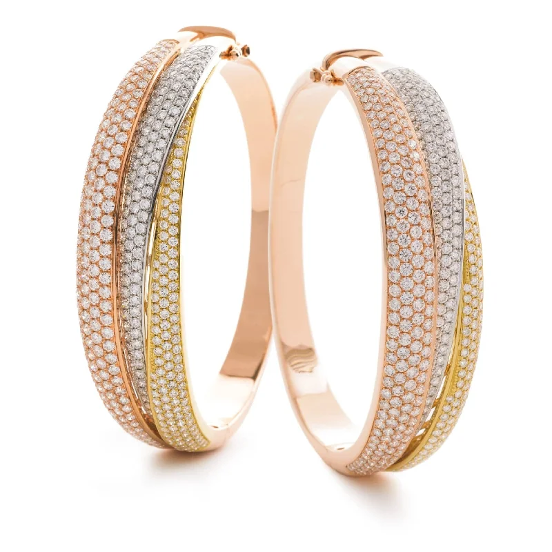 Adjustable Bangle Bracelets with Magnetic Closures for Easy Wear and RemovalDIAMOND FIZED PAVE SETTING TRIPLE BAND BANGLE IN 18K THREE COLOUR GOLD