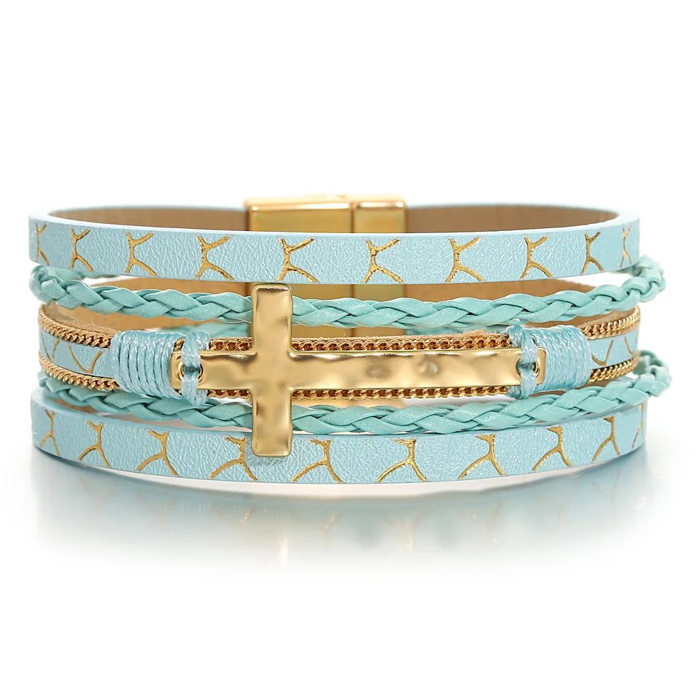 Women's Cuff Bracelets with Celtic Knot Patterns for a Mysterious and Cultural Appeal'Cross' Charm Cuff Bracelet - aqua