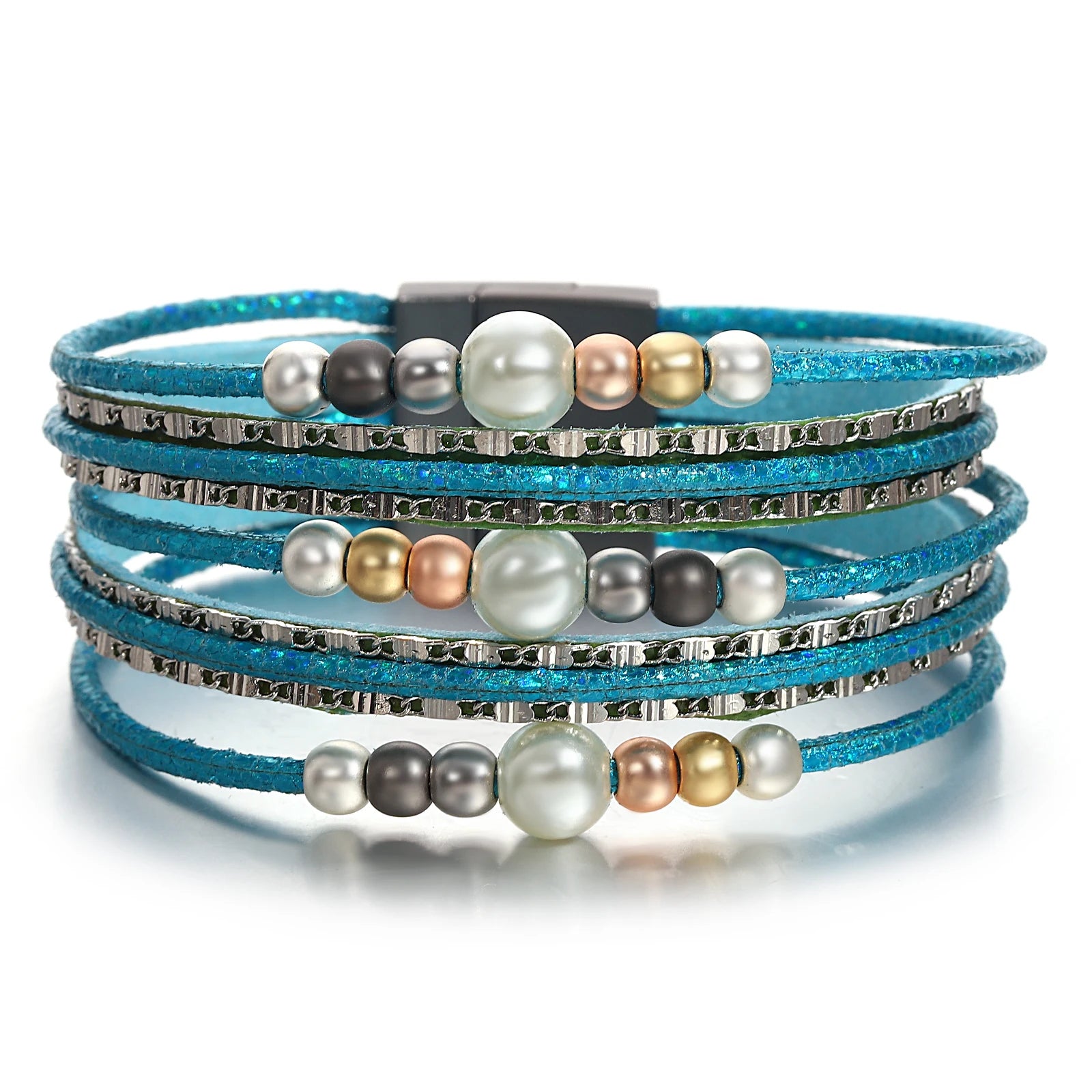 Adjustable Women's Elastic Cuff Bracelets with Pearl Accents for a Feminine Touch'Girinya' Pearl Beads Cuff Bracelet - blue