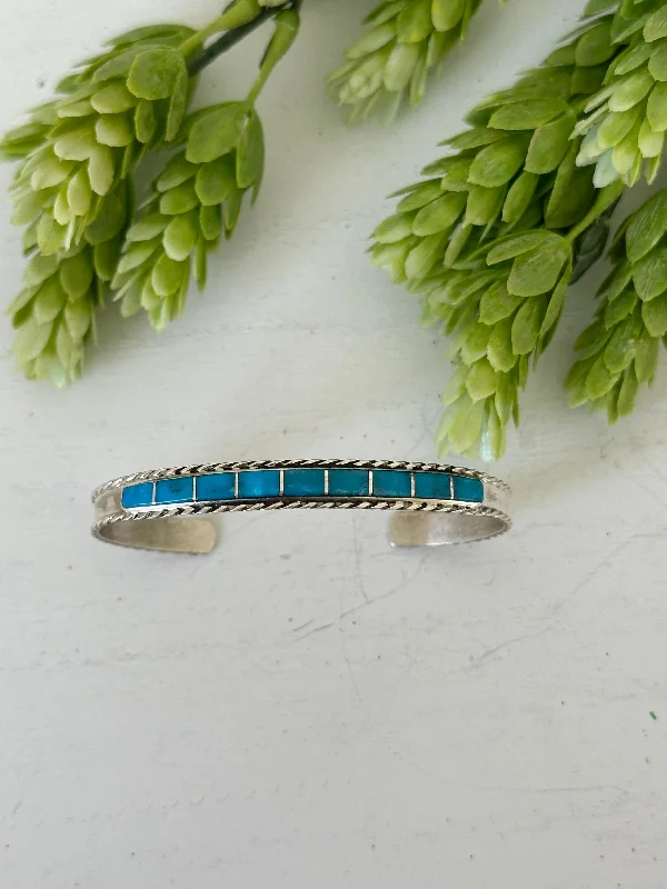 Rhinestone - Embellished Women's Cuff Bracelets in Silver for a Sparkling and Festive LookNavajo Made Kingman Turquoise & Sterling Silver Inlay Cuff Bracelet