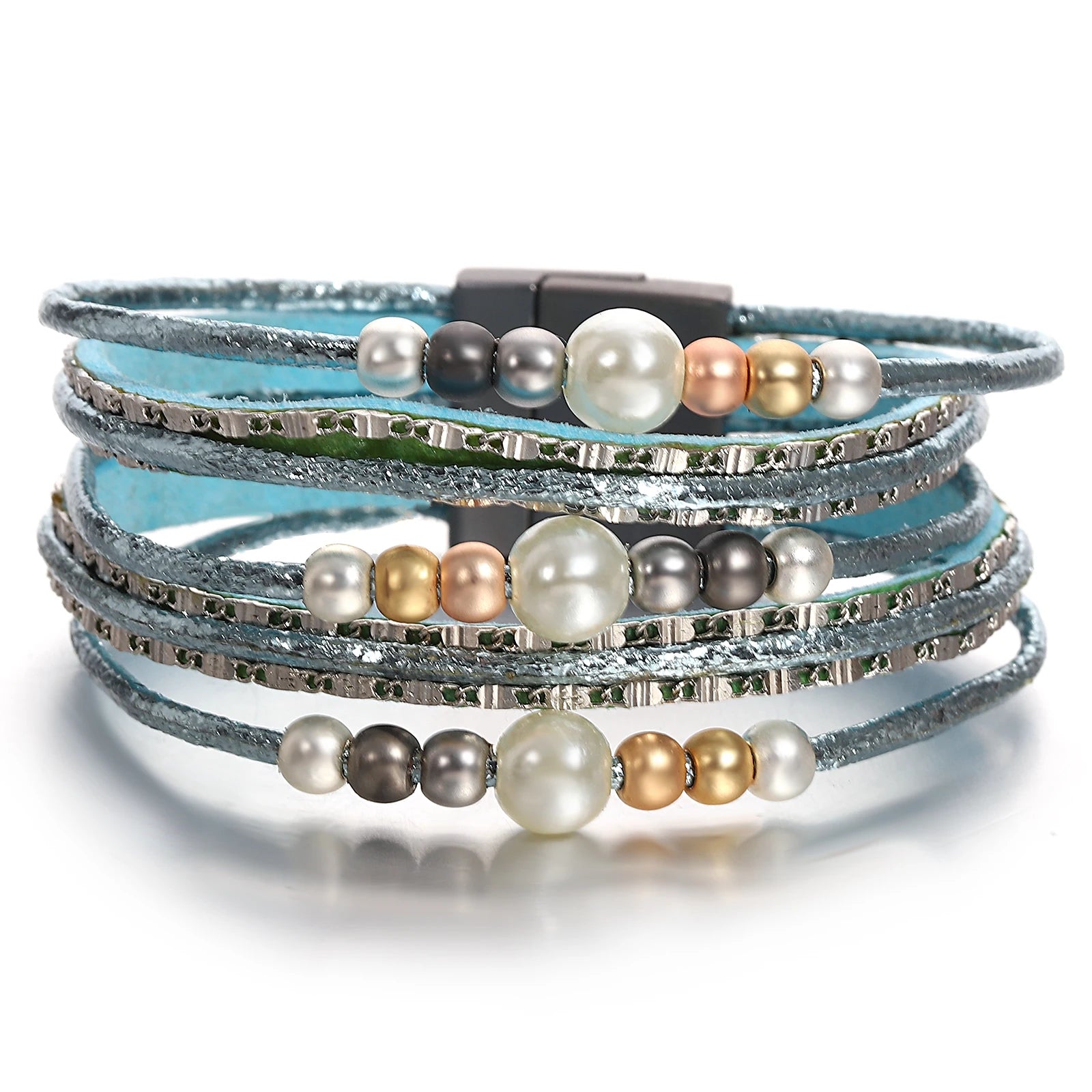 Women's Sterling Silver Cuff Bracelets with Engraved Floral Patterns for a Romantic Look'Girinya' Pearl Beads Cuff Bracelet - steel blue