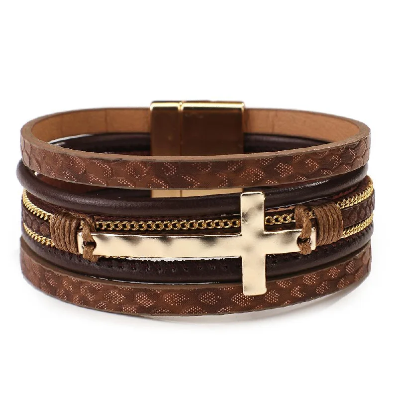 Wooden Women's Cuff Bracelets with Carved Motifs for a Natural and Artistic Look'Cross' Charm Cuff Bracelet - brown