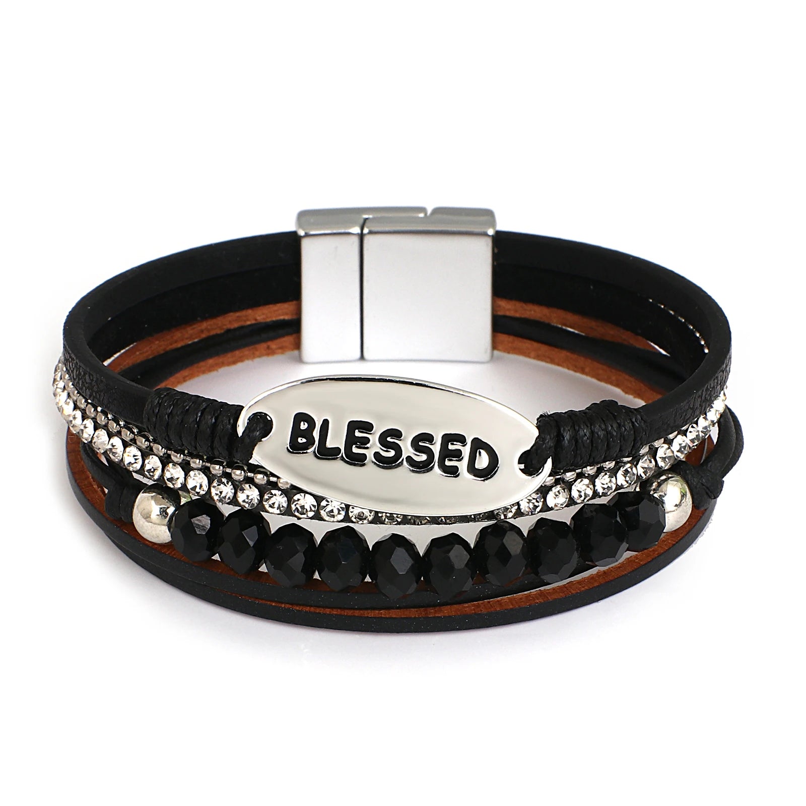 Large - Sized Women's Leather Cuff Bracelets with Studded Details for a Punk - Rock Vibe'Blessed' Charm Cuff Bracelet - black