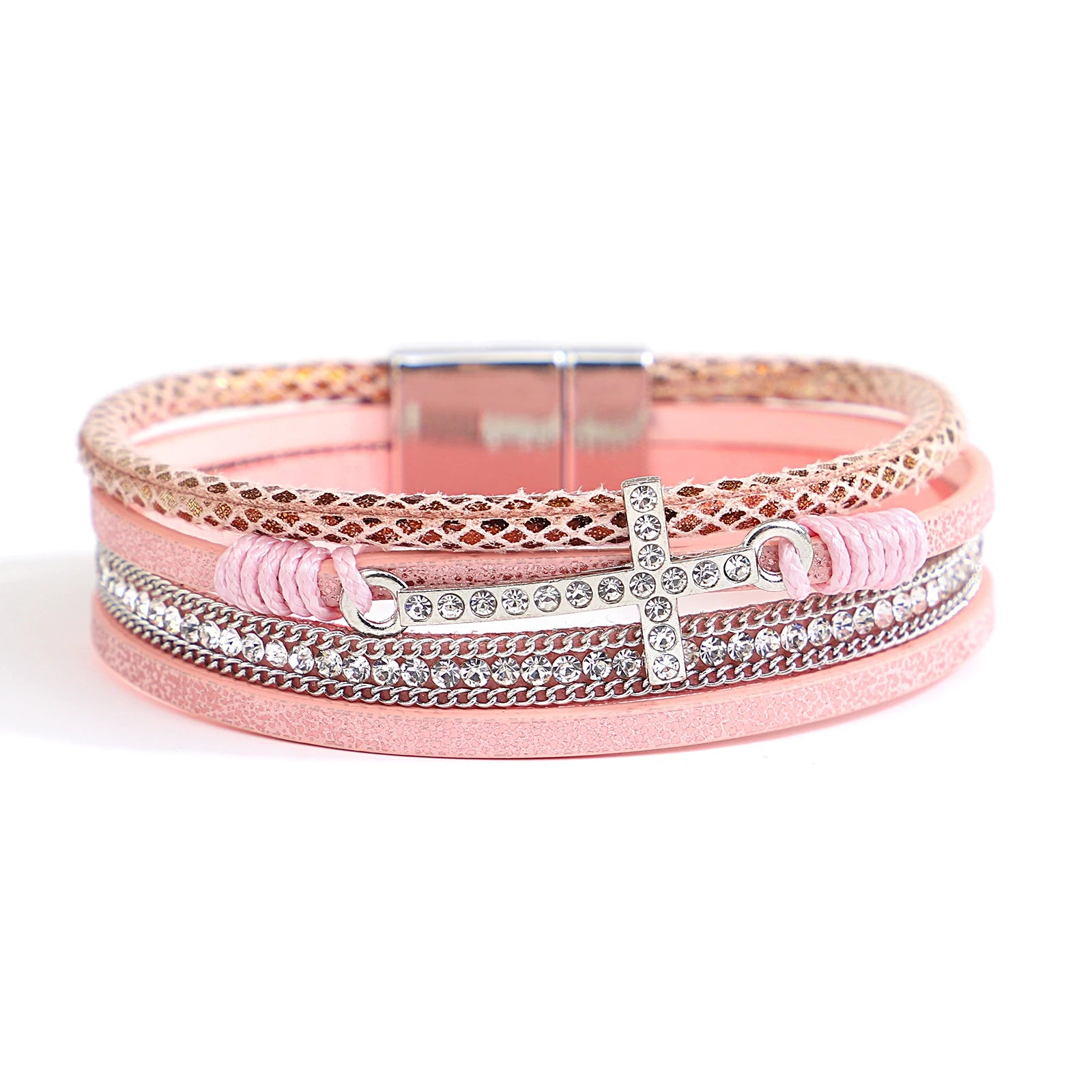 Large - Sized Women's Leather Cuff Bracelets with Studded Details for a Punk - Rock Vibe'Cross' Charm and Rhinestones Cuff Bracelet - pink