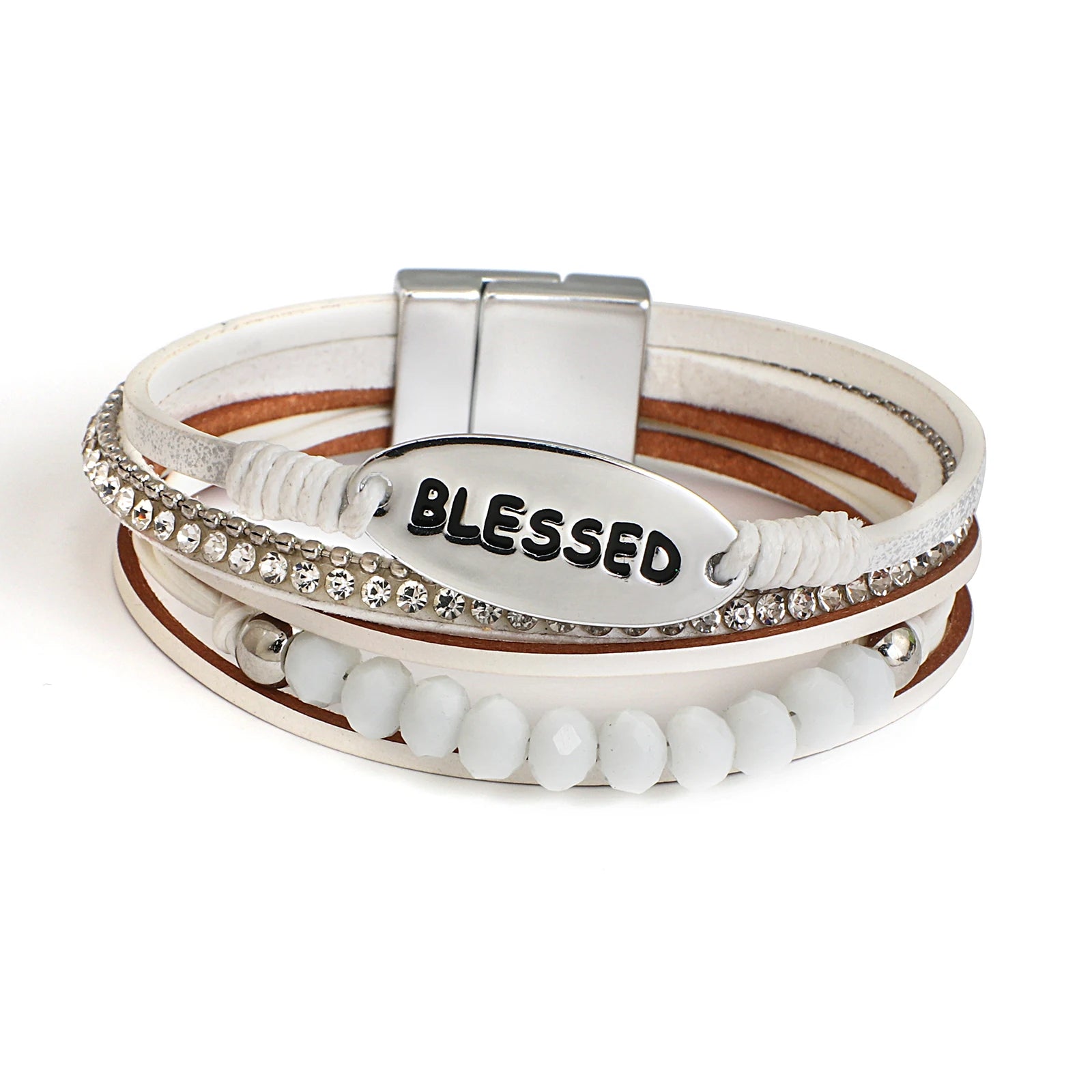 Magnetic Closure Women's Cuff Bracelets with Crystal Embellishments for Easy Wear'Blessed' Charm Cuff Bracelet - white