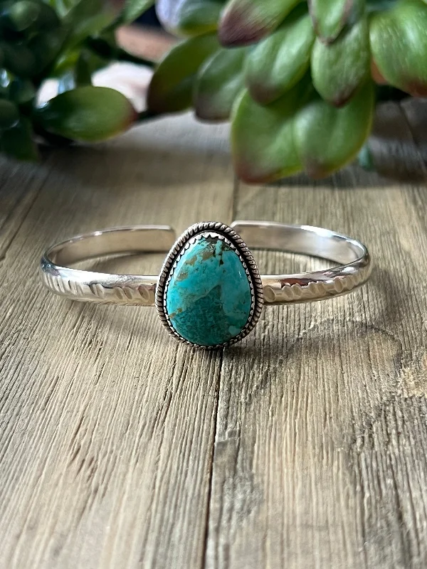 Vintage - Inspired Women's Cuff Bracelets with Filigree Work for a Retro AppealSouthwest Made Kingman Turquoise & Sterling Silver Cuff Bracelet