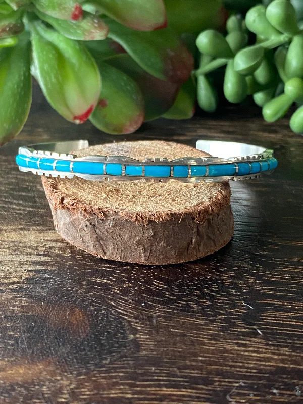 Women's Cuff Bracelets with Tassel Decorations for a Boho - Chic StyleSheldon Lalio Kingman Turquoise & Sterling Silver Inlay Cuff Bracelet