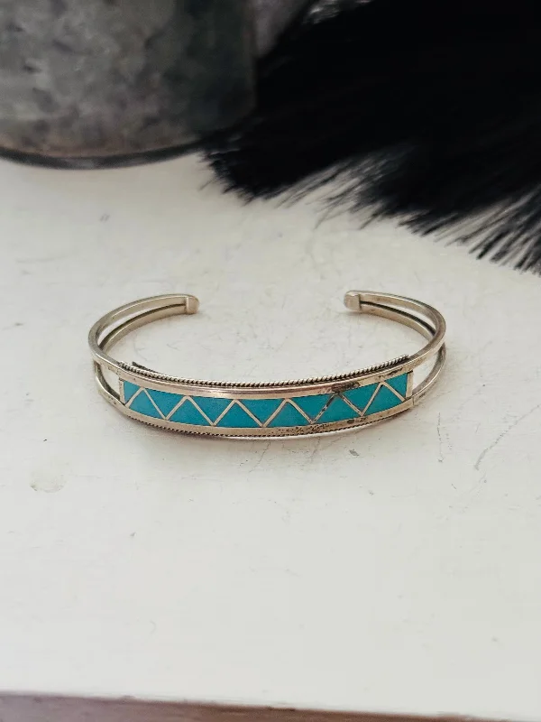 Magnetic Closure Women's Cuff Bracelets with Crystal Embellishments for Easy WearZuni Made Kingman Turquoise & Sterling Silver Inlay Cuff Bracelet