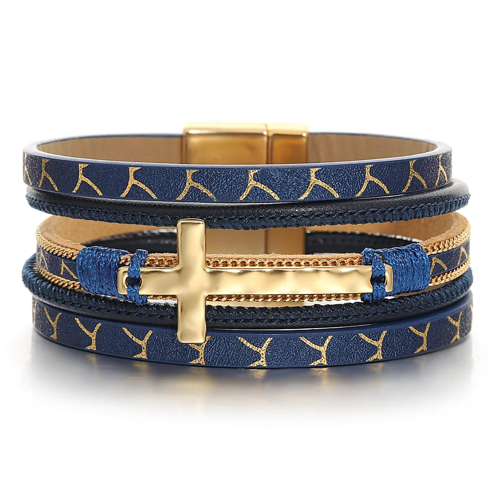 Wooden Women's Cuff Bracelets with Carved Motifs for a Natural and Artistic Look'Cross' Charm Cuff Bracelet - navy