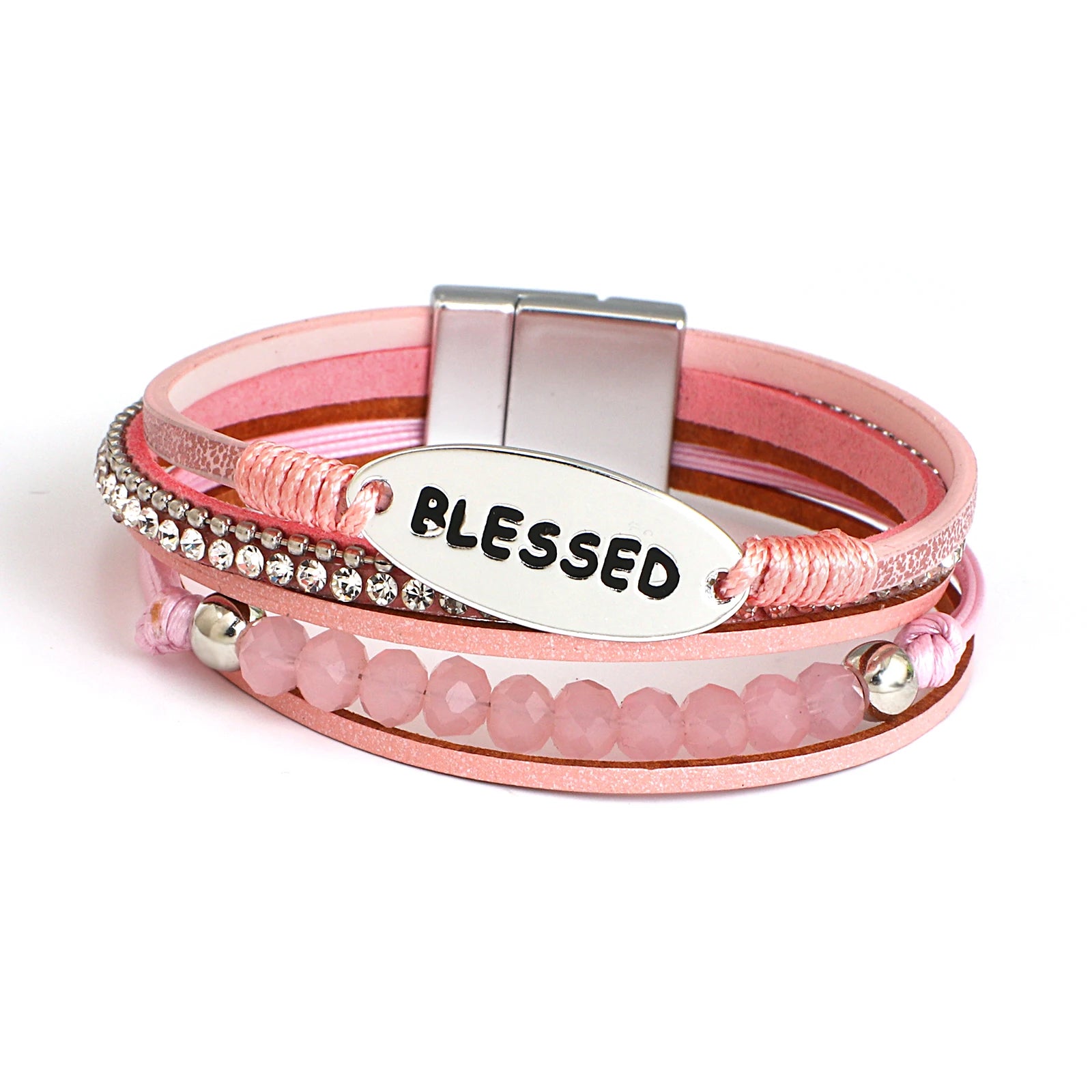 Silk - Wrapped Women's Cuff Bracelets in Soft Pastels for a Delicate and Elegant Appearance'Blessed' Charm Cuff Bracelet - pink