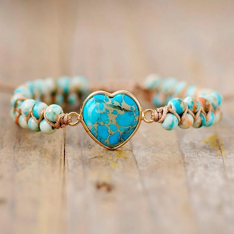 Women's Cuff Bracelets with Hamsa Hand Charms for Protection and Good LuckJasper Heart Charm Braided Bracelet - sky blue