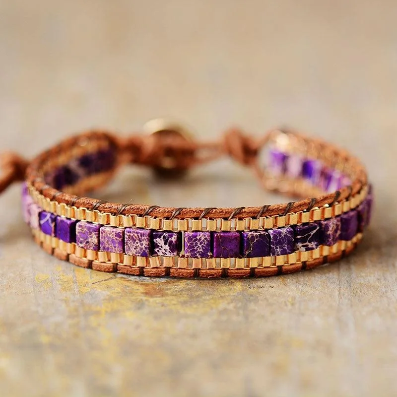 Leather - and - Metal Combo Women's Cuff Bracelets in Rustic Brown for a Western StylePurple Jasper Cuff Bracelet