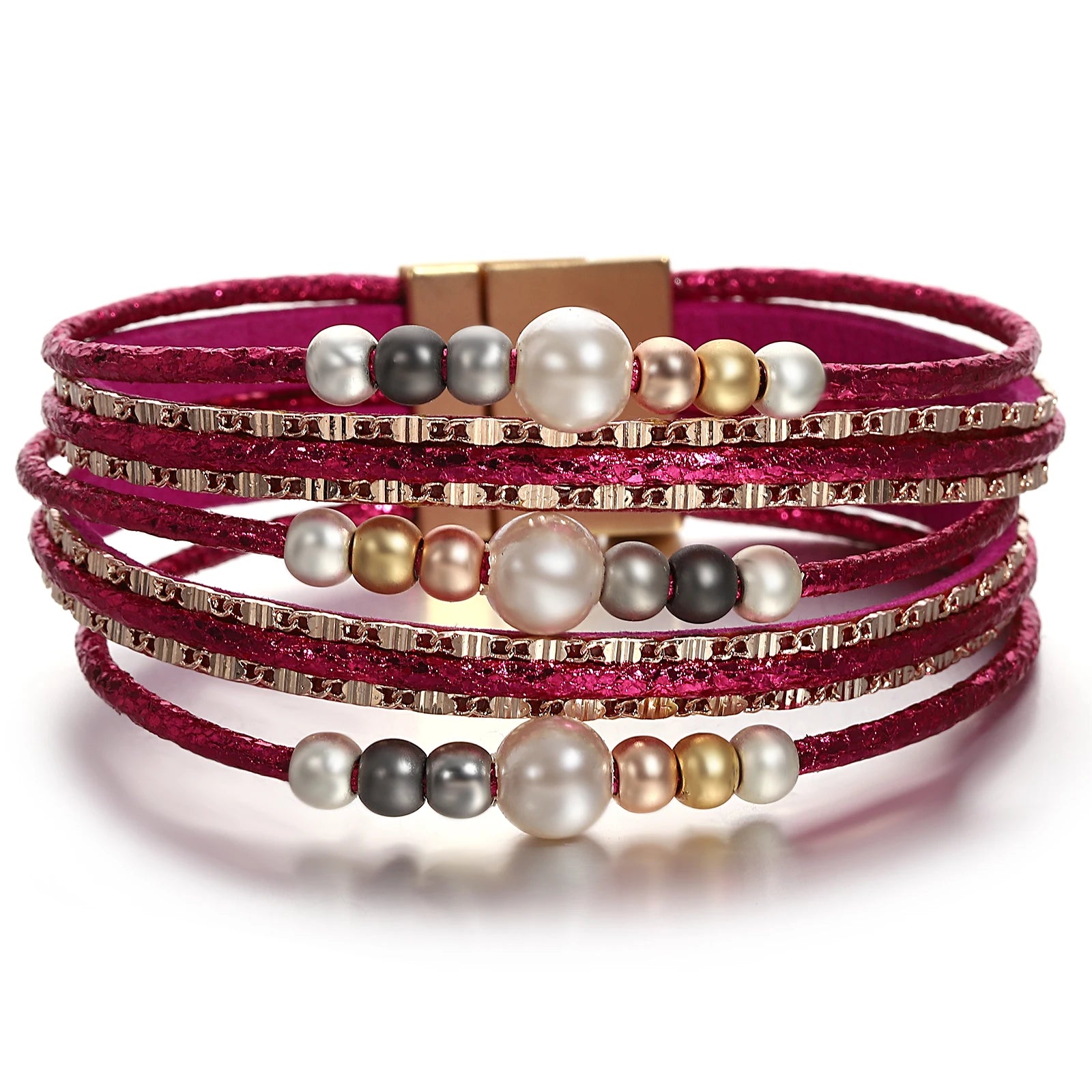 Gold - Plated Women's Cuff Bracelets with Precious Gemstone Inlays for Luxury and Elegance'Girinya' Pearl Beads Cuff Bracelet - berry