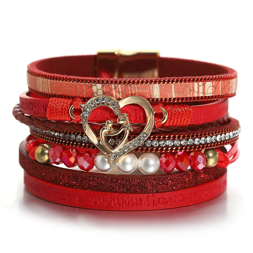 Women's Stainless Steel Cuff Bracelets with Geometric Designs for a Modern and Minimalist Style'Inspired Heart' Rhinestones and Beads Bracelet - red