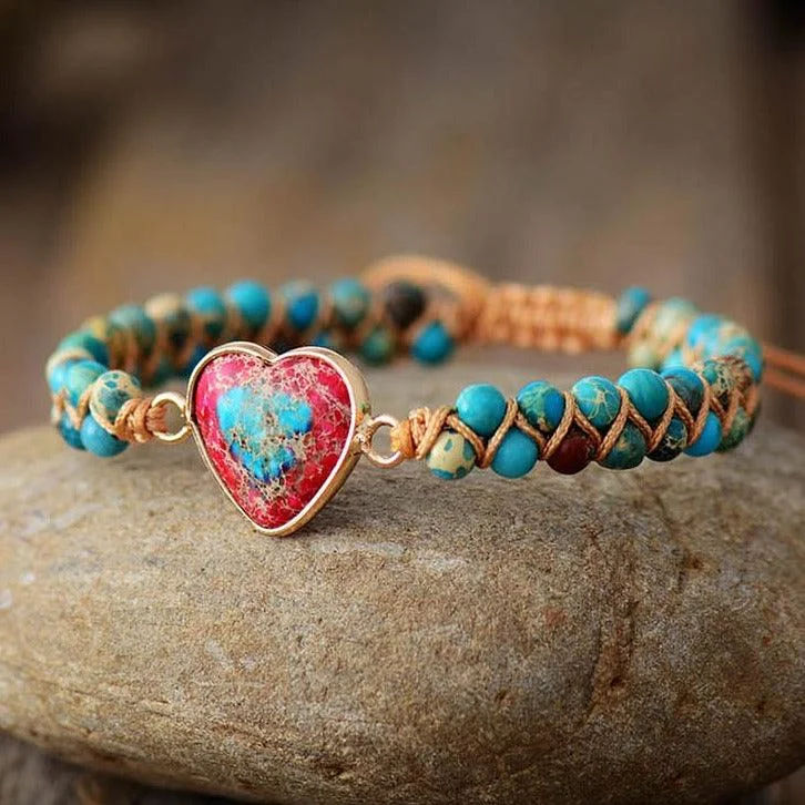 Stackable Women's Cuff Bracelets in Different Sizes and Materials for Layered StylingJasper Heart Charm Braided Bracelet - azure