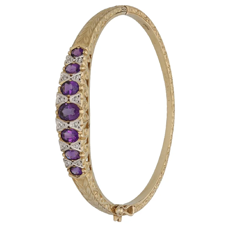 Boho - Style Bangle Bracelets with Feather and Bead Embellishments9ct Gold Amethyst & 0.12ct Diamond Hinged/Clasp Bangle