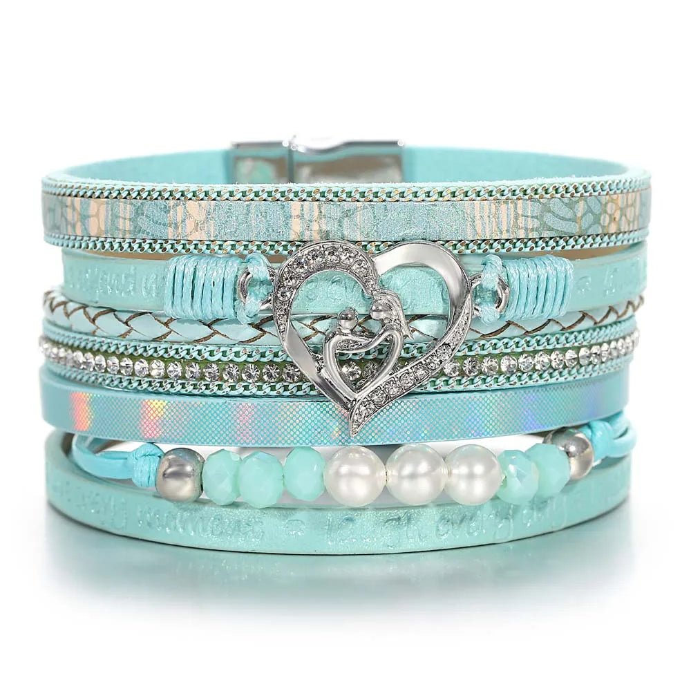 Women's Cuff Bracelets with Celtic Knot Patterns for a Mysterious and Cultural Appeal'Inspired Heart' Rhinestones and Beads Bracelet - mint