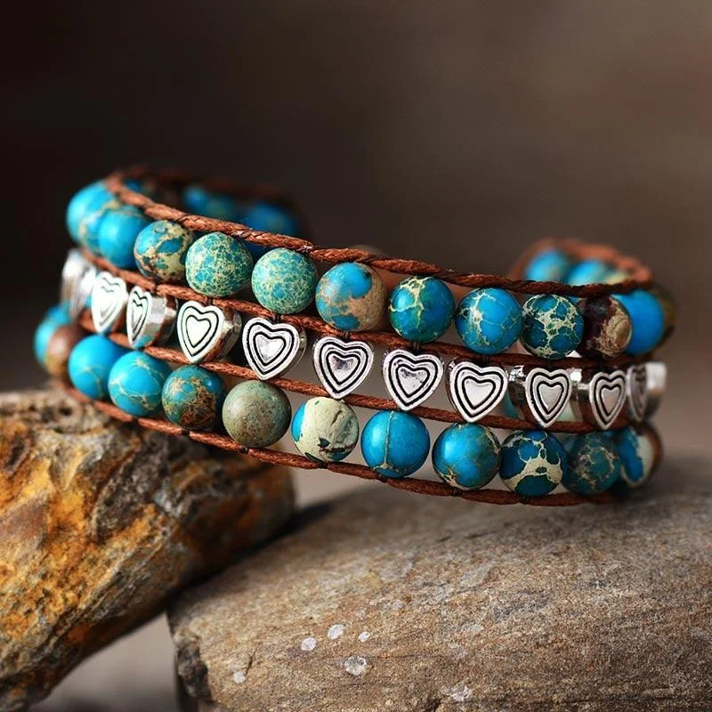 Magnetic Closure Women's Cuff Bracelets with Crystal Embellishments for Easy WearBlue Jasper & Heart Beads Cuff Bracelet