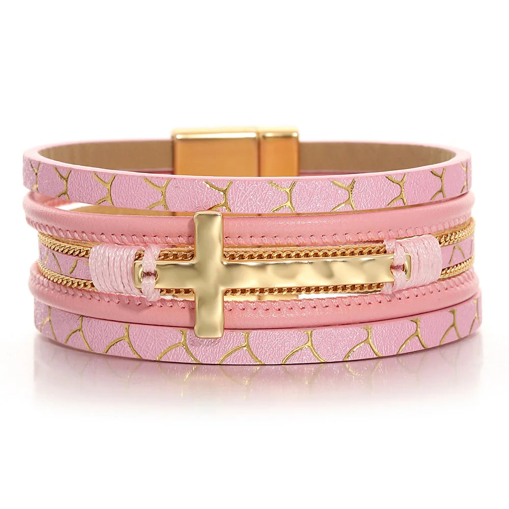 Women's Cuff Bracelets with Tassel Decorations for a Boho - Chic Style'Cross' Charm Cuff Bracelet - pink