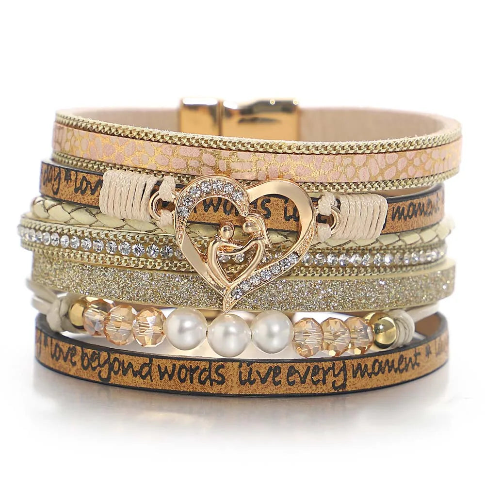 Rose Gold - Toned Women's Cuff Bracelets with Cubic Zirconia for a Glamorous Look'Inspired Heart' Rhinestones and Beads Bracelet - khaki