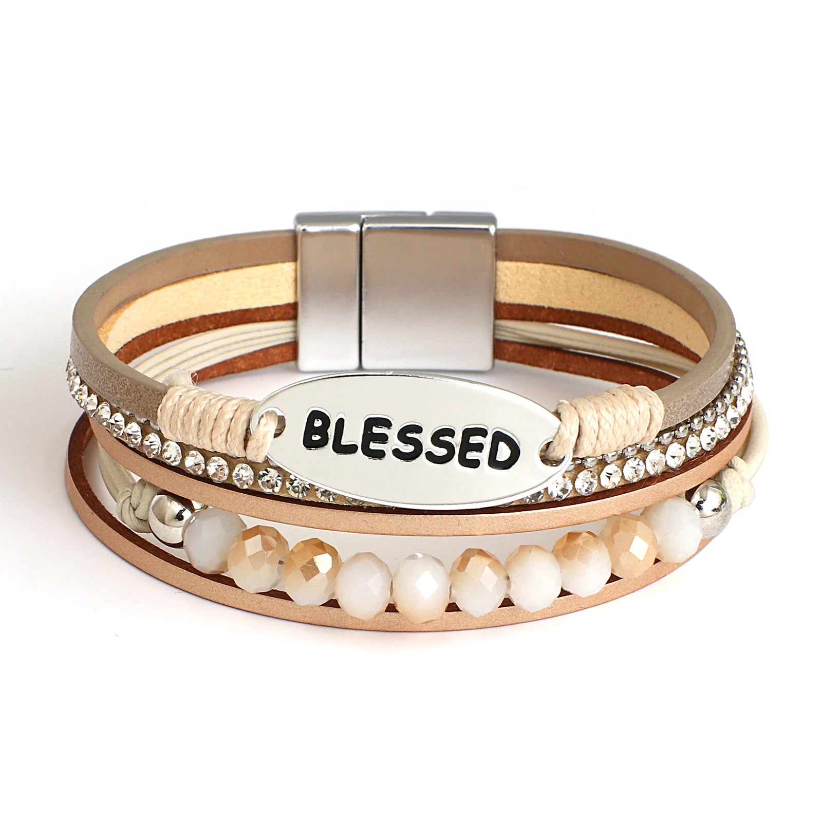 Leather - and - Metal Combo Women's Cuff Bracelets in Rustic Brown for a Western Style'Blessed' Charm Cuff Bracelet - khaki