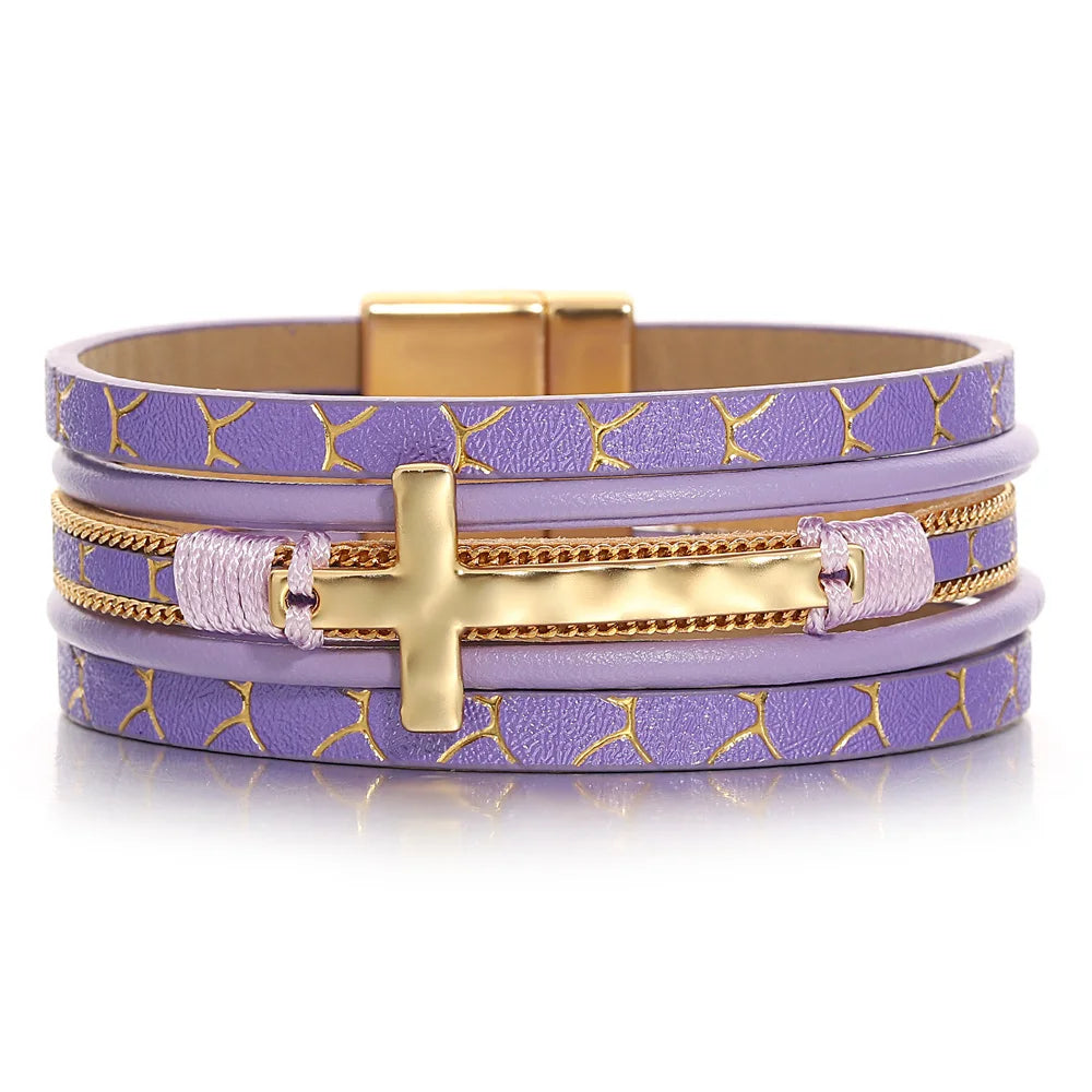 Women's Cuff Bracelets with Tassel Decorations for a Boho - Chic Style'Cross' Charm Cuff Bracelet - purple