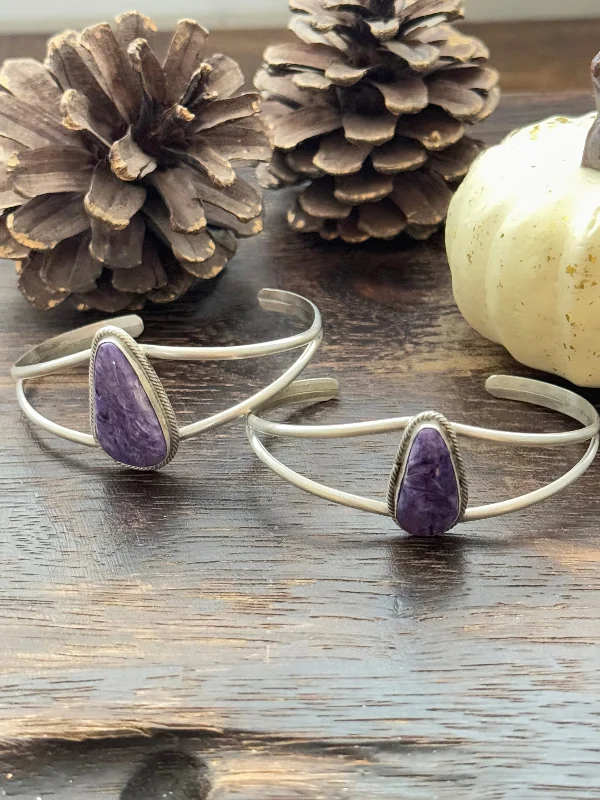 Gold - Plated Women's Cuff Bracelets with Precious Gemstone Inlays for Luxury and EleganceNavajo Made Charoite & Sterling Silver Cuff Bracelet