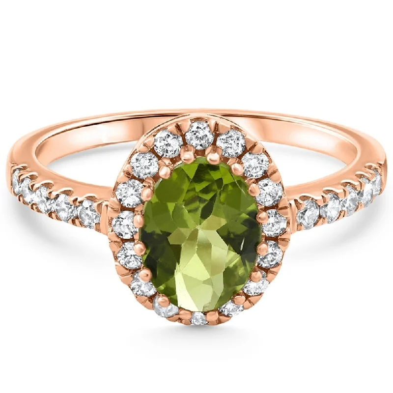 Rose Gold - Plated Engagement and Wedding Band Sets with a Halo of Cubic Zirconia for a Glamorous and Affordable Look1 1/2Ct Oval Peridot Halo Diamond Ring Gold Lab Grown