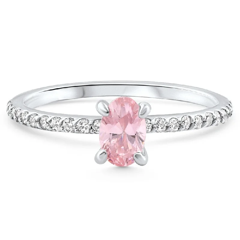 Rose Gold - Plated Engagement and Wedding Band Sets with a Halo of Cubic Zirconia for a Glamorous and Affordable Look1Ct Accent Side Diamond & Oval Pink Topaz Ring Gold Lab Grown