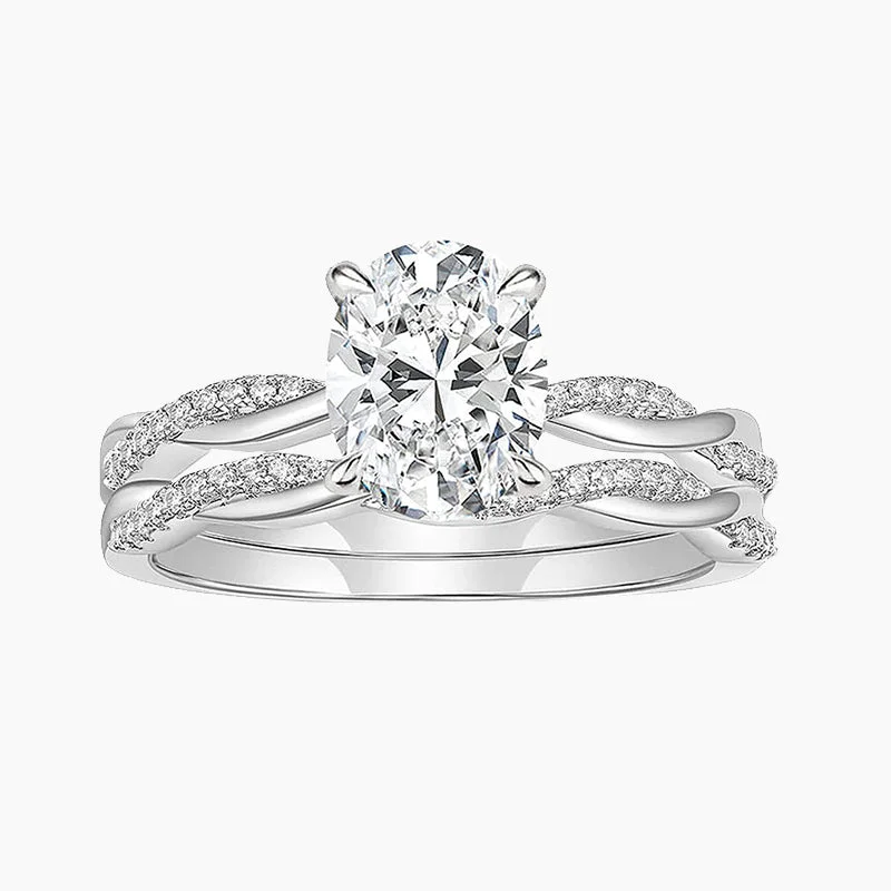 Princess Cut Engagement Rings in 18K White Gold with Micro - Pave Side Stones2CT Oval Cut Cubic Zirconia Bridal Ring Set