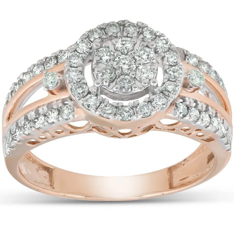 Moissanite - Set Wedding Bands in Yellow Gold for a Sparkling and Ethical Alternative to Diamonds3/4 Ct Halo Round Diamond Multi Band Engagement Ring Rose Gold