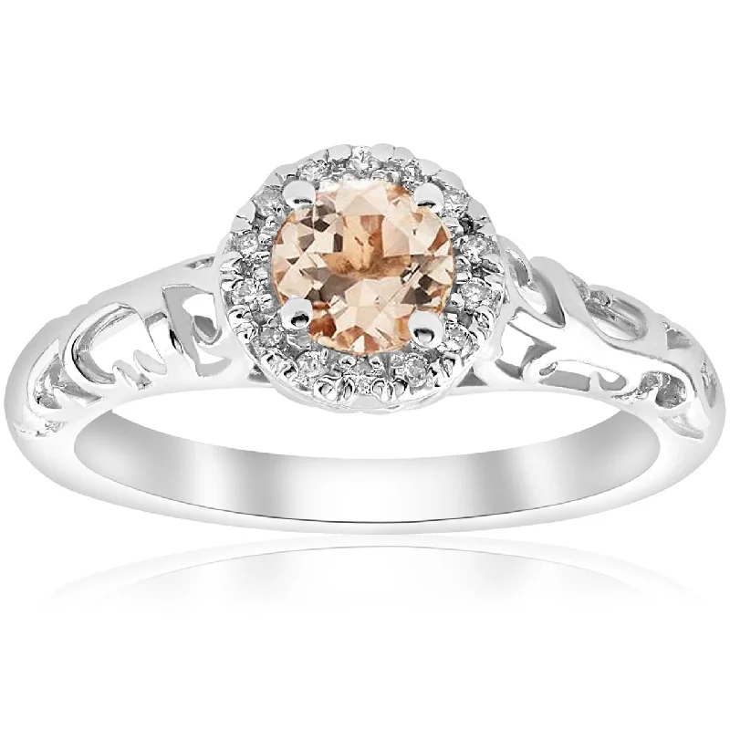 Rose Gold - Plated Engagement and Wedding Band Sets with a Halo of Cubic Zirconia for a Glamorous and Affordable Look5/8cttw Morganite & Diamond Vintage Halo Engagement Ring White Gold