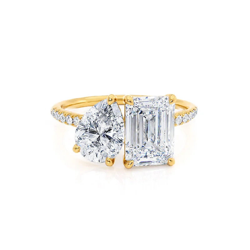 Art Deco Engagement Rings with Geometric Patterns and Baguette - Cut Diamond AccentsCELESTE - Toi et Moi Lab Diamond Emerald & Pear Diamond Band Ring 18k Yellow Gold