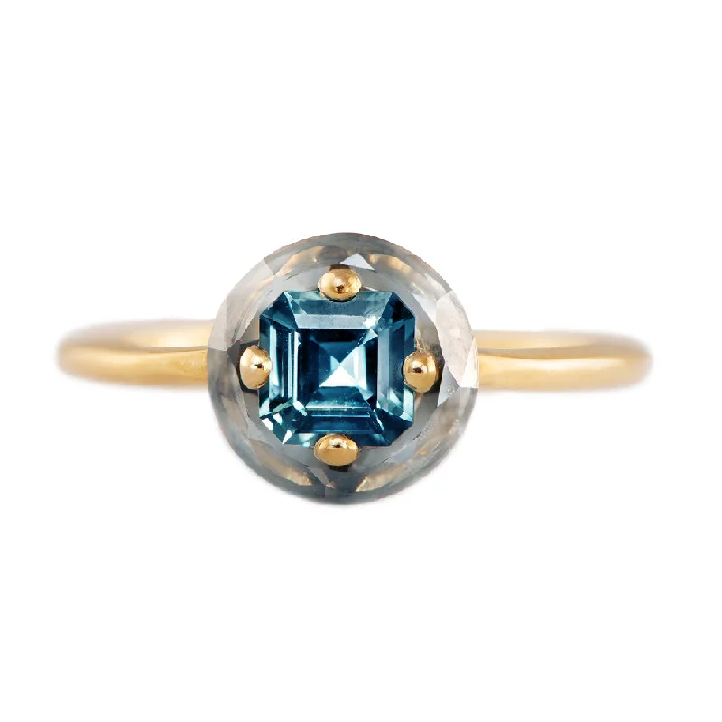 Marquise Cut Engagement Rings with a Channel - Set Diamond BandDiamond Sphere Ring with Asscher Cut Teal Sapphire - OOAK