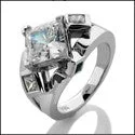 Art Deco Engagement Rings with Geometric Patterns and Baguette - Cut Diamond AccentsEngagement Princess 1.5 Ct Cubic Zirconia Center Bezeled Sides 14k White Gold CZ Ring