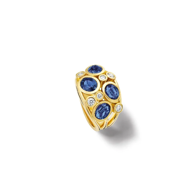 Cushion - Cut Halo Engagement Rings with a Platinum Band and Micro - Pave DetailsMulti Aeneus Ring 18ct Yellow Gold - Blue Sapphire & Diamond