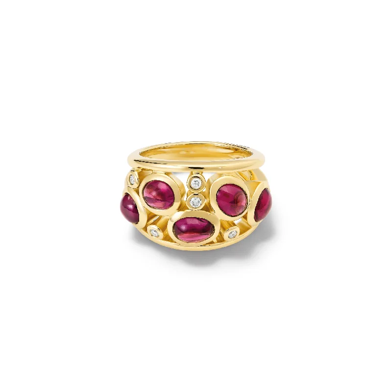 Art Deco Engagement Rings with Geometric Patterns and Baguette - Cut Diamond AccentsMulti Aeneus Ring 18ct Yellow Gold - Cabochon Rhodolite Garnet & Diamond