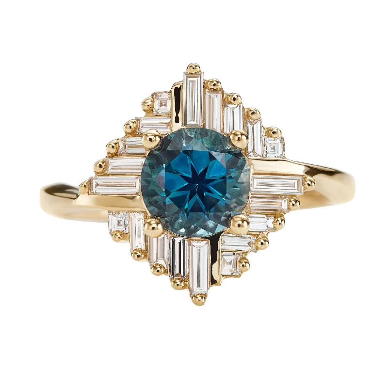 Marquise Cut Engagement Rings with a Channel - Set Diamond BandTeal Sapphire "Oasis" Engagement ring with Geometric Baguette Diamonds