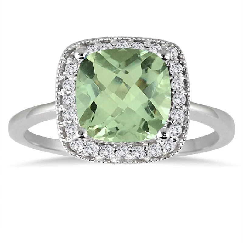 Topaz Gemstone Rings in 10K Gold with a Channel - Set Design for a Contemporary and Durable Option1.30 Carat Cushion Cut Green Amethyst and Diamond Ring in 14K White Gold