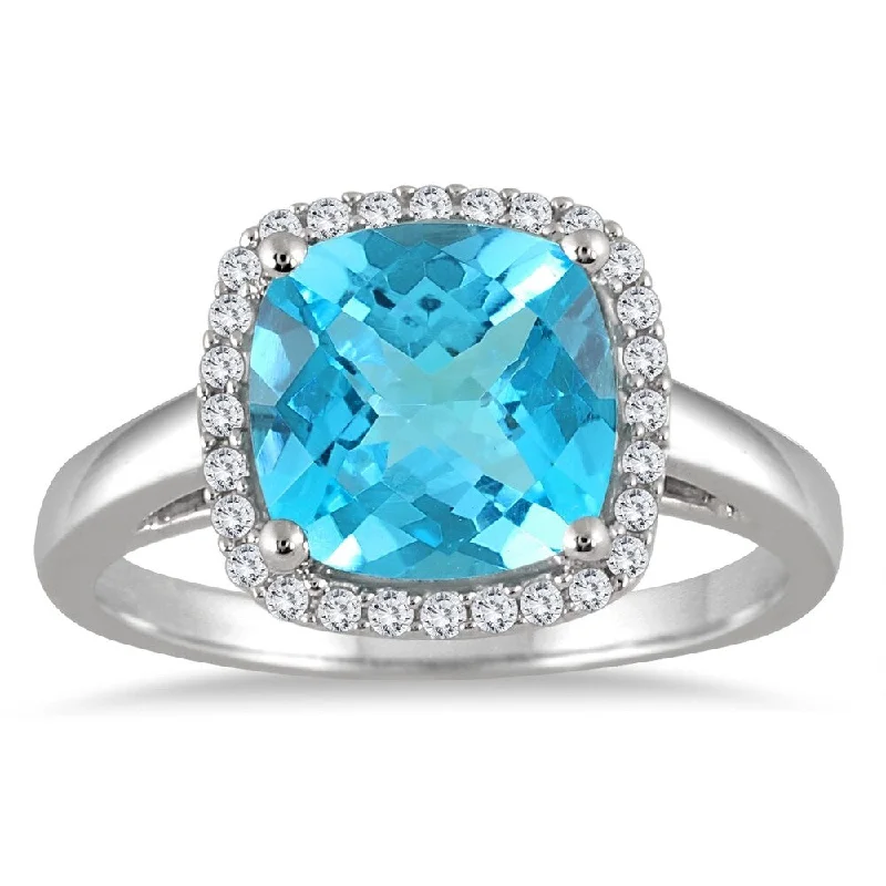 Aquamarine Gemstone Rings in 9K Gold with a Bezel Setting for a Modern and Secure Fit3 1/4 Carat Cushion Cut Blue Topaz and Diamond Halo Ring in 10K White Gold