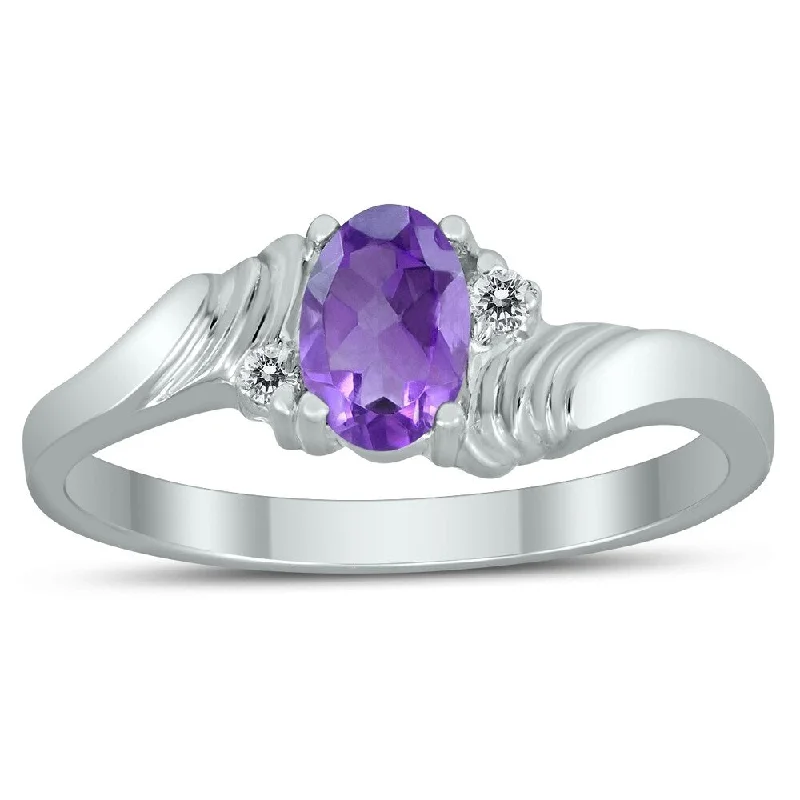 Amethyst Gemstone Rings in Sterling Silver with a Halo of Cubic Zirconia for a Budget - Friendly Luxury6X4MM Amethyst and Diamond Wave Ring in 10K White Gold