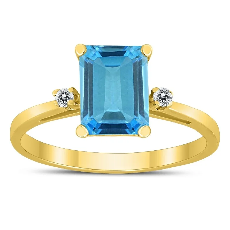 Peridot Gemstone Rings in 14K Gold - Filled Metal with a Pave - Set Band for a Sparkling LookEmerald Cut 8X6MM Blue Topaz and Diamond Three Stone Ring in 10K Yellow Gold