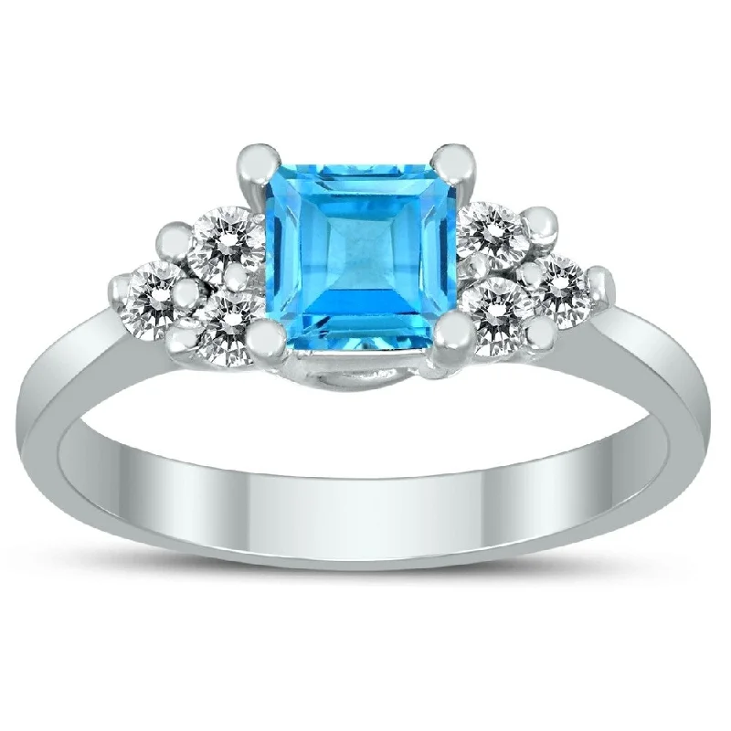 Aquamarine Gemstone Rings in 9K Gold with a Bezel Setting for a Modern and Secure FitPrincess Cut 5X5MM Blue Topaz and Diamond Duchess Ring in 10K White Gold