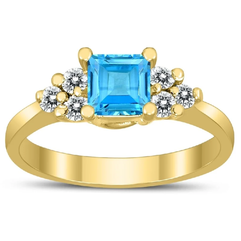 Aquamarine Gemstone Rings in 9K Gold with a Bezel Setting for a Modern and Secure FitPrincess Cut 5X5MM Blue Topaz and Diamond Duchess Ring in 10K Yellow Gold