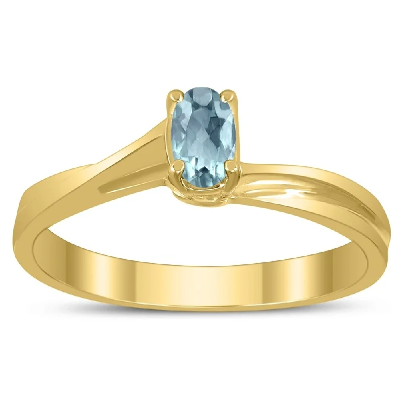 Aquamarine Gemstone Rings in 9K Gold with a Bezel Setting for a Modern and Secure FitSolitaire Oval 5X3MM Aquamarine Gemstone Twist Ring in 10K Yellow Gold