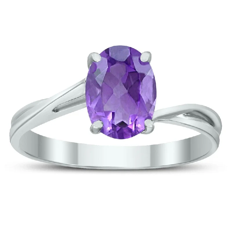 Amethyst Gemstone Rings in Sterling Silver with a Halo of Cubic Zirconia for a Budget - Friendly LuxurySolitaire Oval 8X6MM Amethyst Gemstone Twist Ring in 10K White Gold