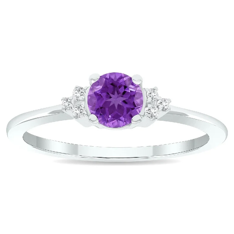 Amethyst Gemstone Rings in Sterling Silver with a Halo of Cubic Zirconia for a Budget - Friendly LuxuryWomen's Amethyst and Diamond Half Moon Ring in 10K White Gold