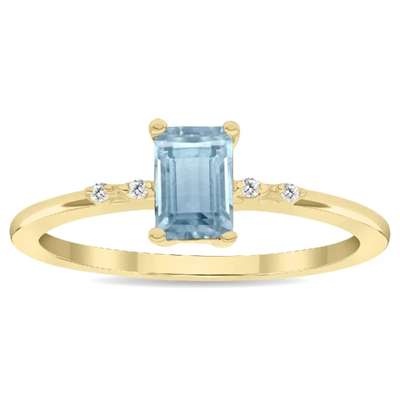 Emerald Gemstone Rings Set in Platinum with Filigree Work for a Vintage - Inspired LookWomen's Emerald Cut Aquamarine and Diamond Sparkle Ring in 10K Yellow Gold