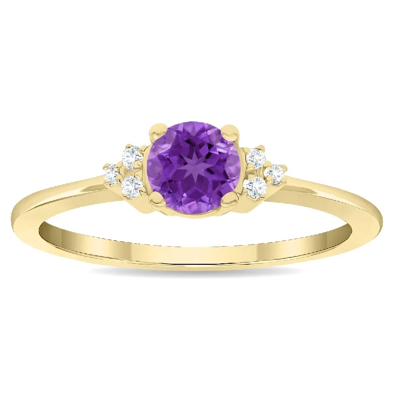 Amethyst Gemstone Rings in Sterling Silver with a Halo of Cubic Zirconia for a Budget - Friendly LuxuryWomen's Round Shaped Amethyst and Diamond Half Moon Ring in 10K Yellow Gold