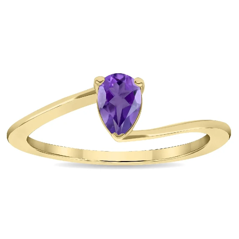 Tourmaline Gemstone Rings in 18K Two - Tone Gold with a Floral - Shaped Setting for a Feminine TouchWomen's Solitaire Pear Shaped Amethyst Wave Ring in 10K Yellow Gold